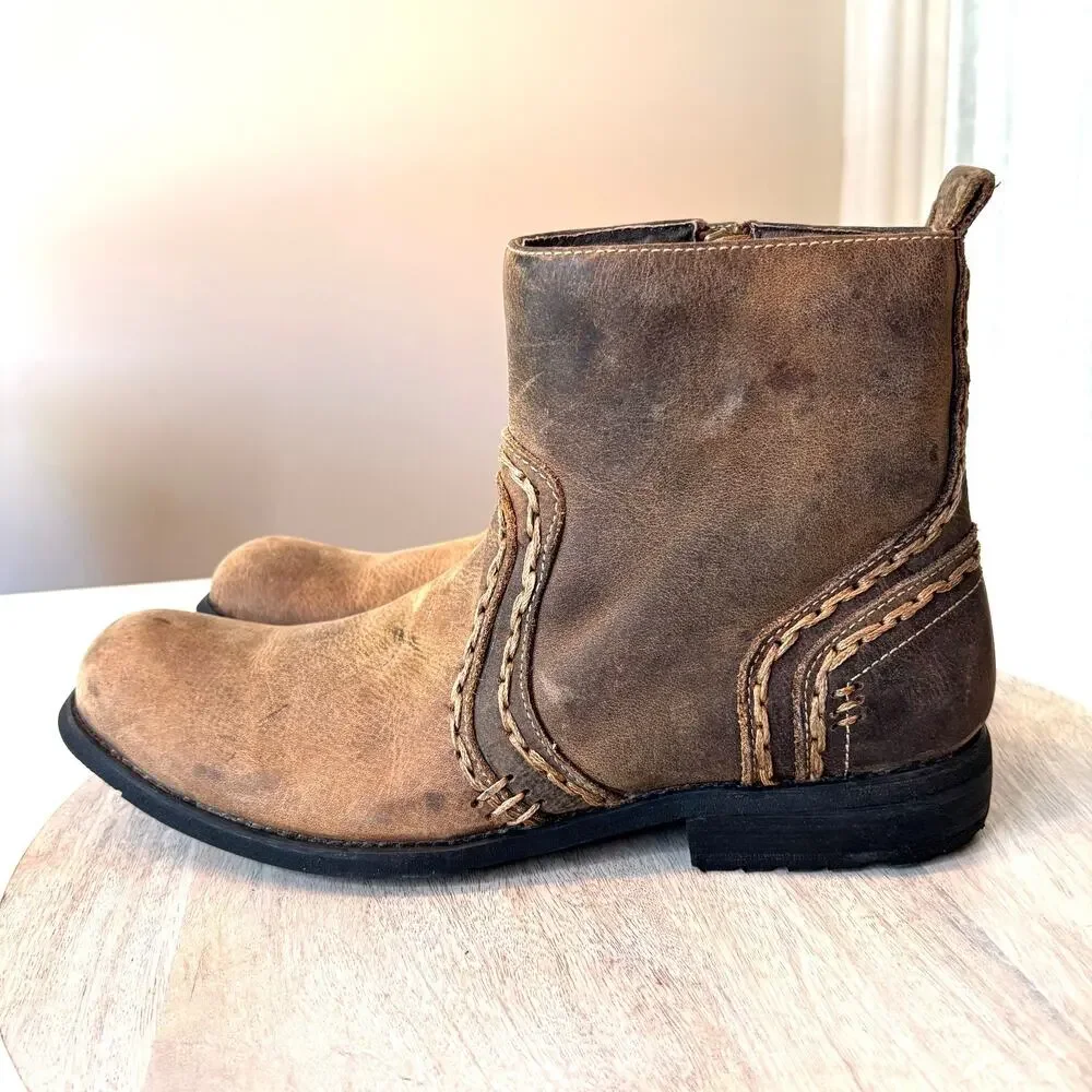 Bed Stu Revolution Boots Men's Sz 10 Tan Brown Distressed Leather Side Zip NIB